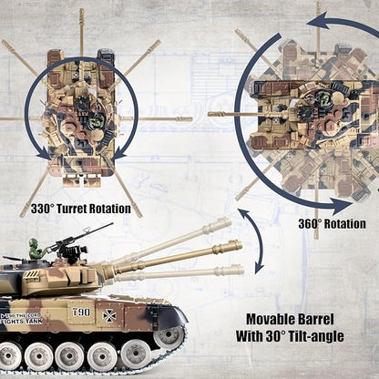 RC Tank 1:18 Russian T-90 Metal Tracks Remote Control Model Tank Toys 2.4Ghz Army Toys with Smoke Sound and Light RC Military Vehicle that Shoots BBS for Adults and Kids