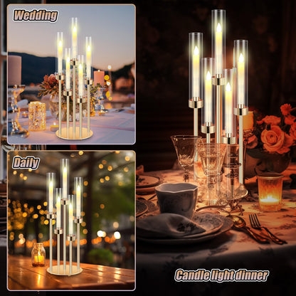 Tandefio 2 Set Gold Candelabra Centerpieces for Tables, 26.8 Inch 5 Arm Candle Holders with LED Candles and Acrylic Cylinders, Tall Acrylic Wedding Table Centerpieces for Reception Dinner Party Decor