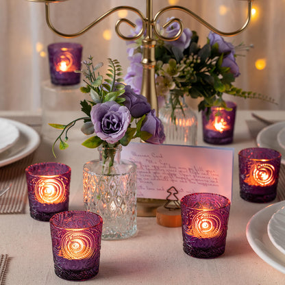 6 Pack Sun Moon Star Embossed Glass Tea Light Candle Holders - Votive Candle Holders for Wedding, Party, Home Decor, and Table Centerpieces (Amethyst Purple)