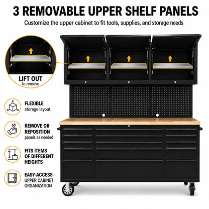 CHETTO C 72 inch Tool Chest Tool Box Mobile 15 Drawers Storage 3 Upper Cabinets SS-Pegboard Rolling Cabinet with Wheels Lock Key Locking System Drawer Liners for Garage Warehouse Repair Shop Black