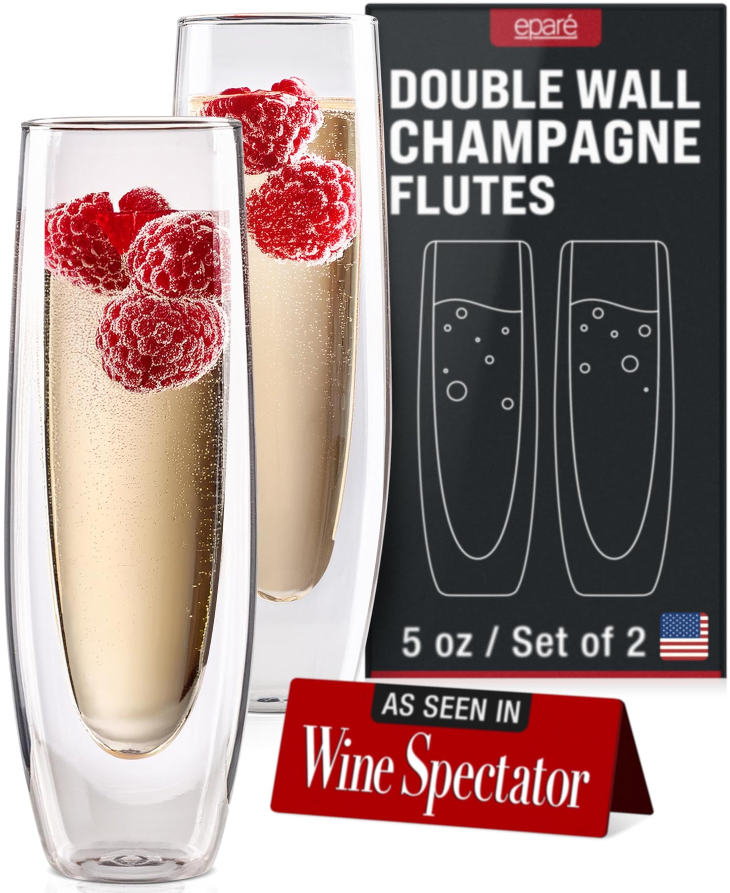 Eparé Double Wall Stemless Champagne Flutes Glass - Set of 2 Lightweight Mimosa and Prosecco Glasses for Bridal Shower, Bridesmaid Gift - Modern Stemless Champagne Glasses