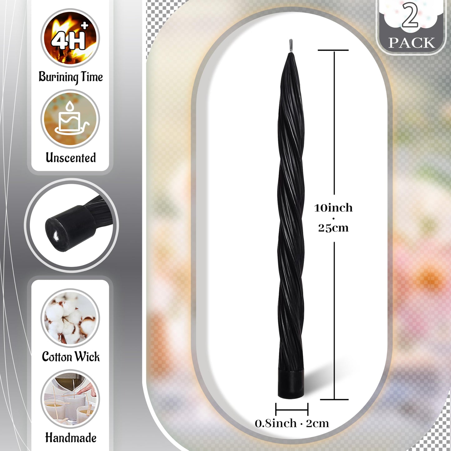 Taper Candle Black Spiral Tapered Candles 10 Inch Smokeless Candlesticks Handmade Twisted Candle Stick for Holiday Home Decor Wedding Gifts 2 PCS