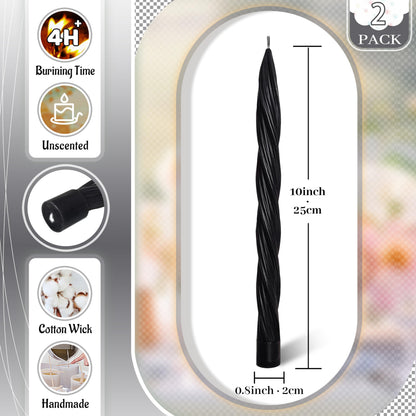 Taper Candle Black Spiral Tapered Candles 10 Inch Smokeless Candlesticks Handmade Twisted Candle Stick for Holiday Home Decor Wedding Gifts 2 PCS