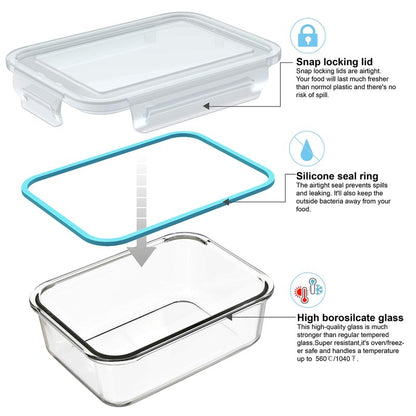 AILTEC Glass Food Storage Containers with Lids, [18 Piece] Glass Meal Prep Containers, Containers for Food Storage with Lids, BPA Free & Leak Proof (9 Lid & 9 Container)