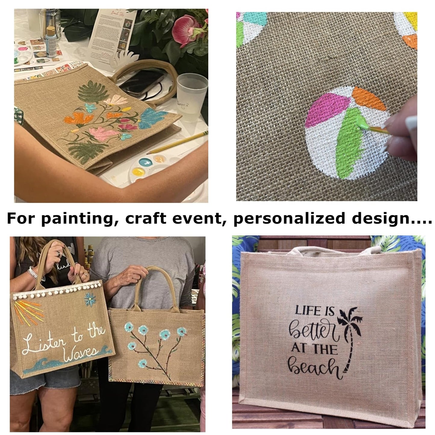 LyyGuanYoo 6 Pack Jute Tote Bag Reusable, Burlap Beach Bags with Sturdy Rounded Handles, Sturdy Base Gym Shopping Travel Bag for Easter Women, Mom, Teachers, Friends, Bridesmaids, 15.4''x12.2''x5.9''