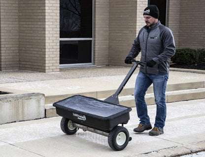 Buyers Products SaltDogg WB400 Walk Behind Drop Spreader, 2.5 cu ft Poly Hopper (200 lb), Stainless Frame/Agitator, 44 in Path, 13 in Pneumatic Tires, Rain Cover & Screen, Made in USA