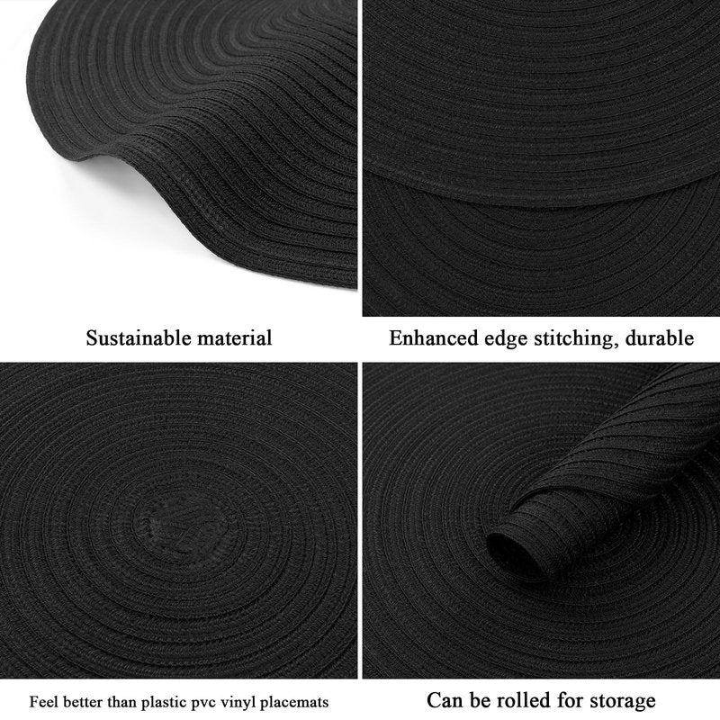 SHACOS Black Round Placemats Set of 12 Heavy Cotton Polyester Woven Braided Place Mats Washable Heat Resistant Non Slip Table Mats