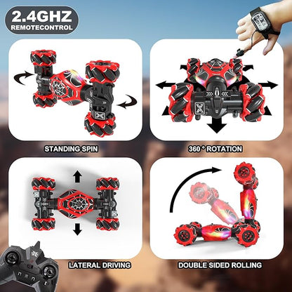 Gesture RC Car Red1:24 High Speed 4WD Transform Stunt Car with Gesture &amp Remote Control 360° Rotation Drift Vehicle with LED Lights Music Racing Toy Cars Gift for Boys Girls Age 6-12