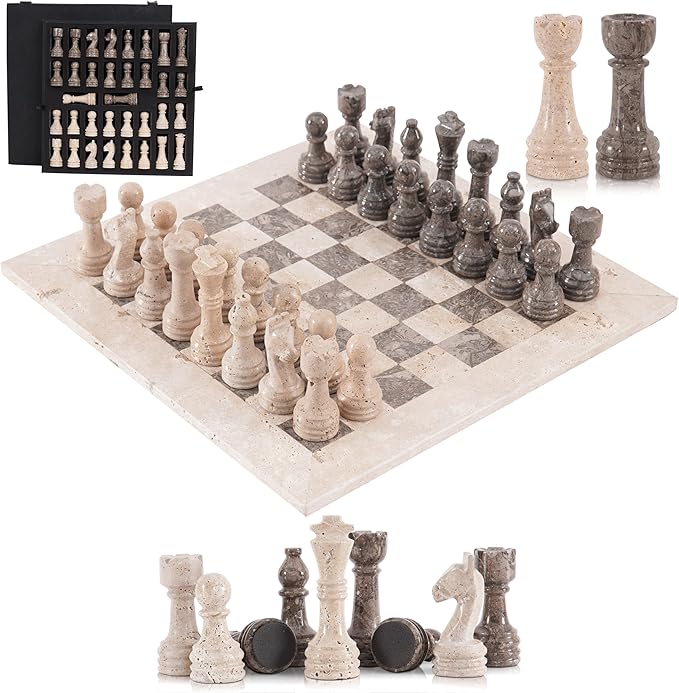 Marble Chess Set 15 Inches Handmade Travertine &amp Oceanic Luxury Board Games for Adults Ideal Marble Chess Board Game Set Chess Pieces &amp Storage Box for Gifts &amp Home Decor