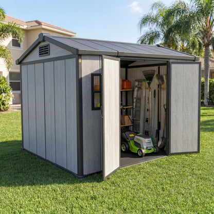 Outdoor Storage Shed, 6x8 FT, Tool Storage Shed with Floor for Patio, Backyard, Garden Tools and Bike, Light Gray