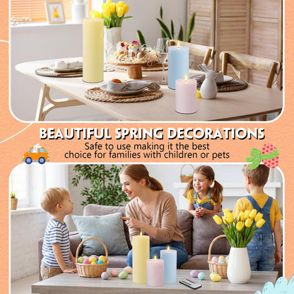 Retisee 3 Pcs Easter Large Flameless LED Battery Operated Candles with Remote and Timer Real Wax Candles for Indoor Outdoor Party Wedding Lights Decorations, Yellow, Pink, Blue