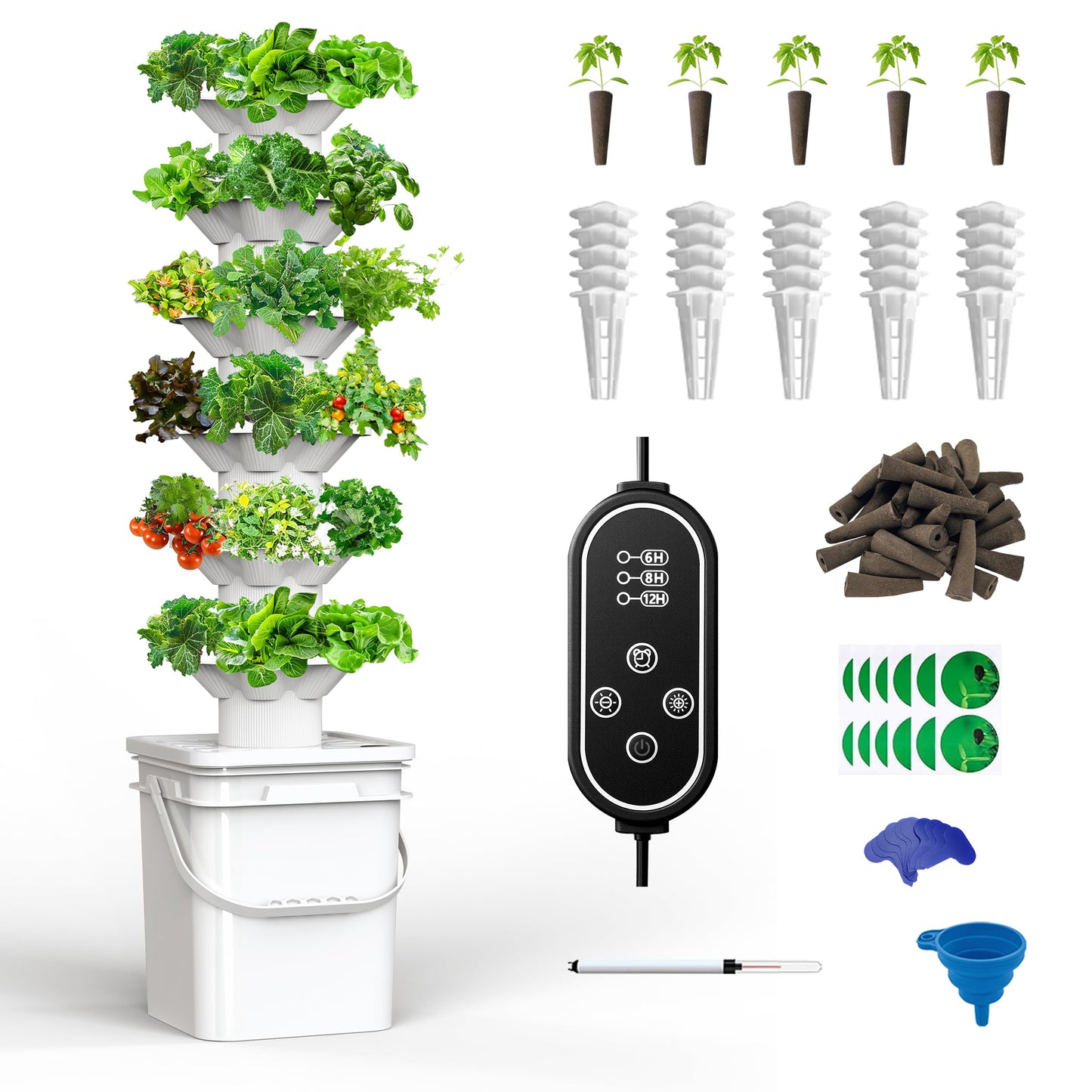 sjzxuv Vertical Hydroponics Growing System Kit, Indoor Outdoor Gardening System Kits, Herb & Fruits Growing Hydroponic Tower, 6 Layers (36 Pods)