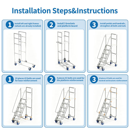 6-Step Rolling Ladder with Handrails Lockable Wheels, Rolling Stairs with 51" Heigh Anti-Slip Platform with Fencehail, Industrial Platform Ladder for Supermarket Warehouse Factory, 19.6" W x74.7 H
