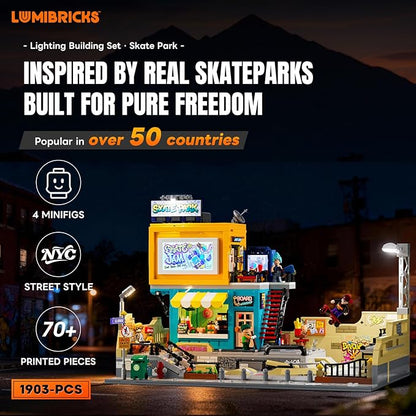 Skate Park Lighting Building Blocks Set - Street Fusion City Town Modular Playset Collection Display kit with Minifigures 1903 Pcs for Adults &amp Teens &amp Life Enthusiasts