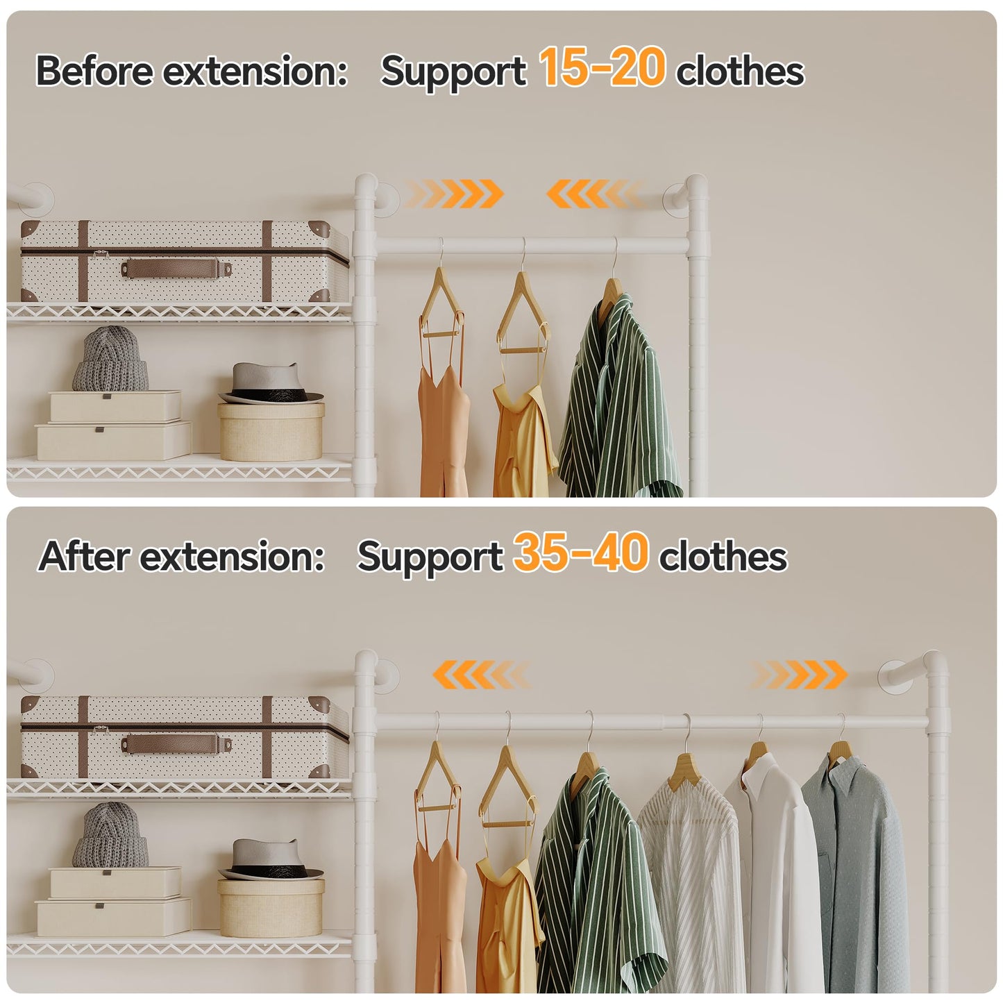 Higeego W5 Wall Mounted Expandable Clothes Rack, 9-12 ft Wide Adjustable Clothing Rack with Extended Rod Closet Organizer System Industrial Pipe Garment Rack for Reach in Closet 1300LB Capacity, White