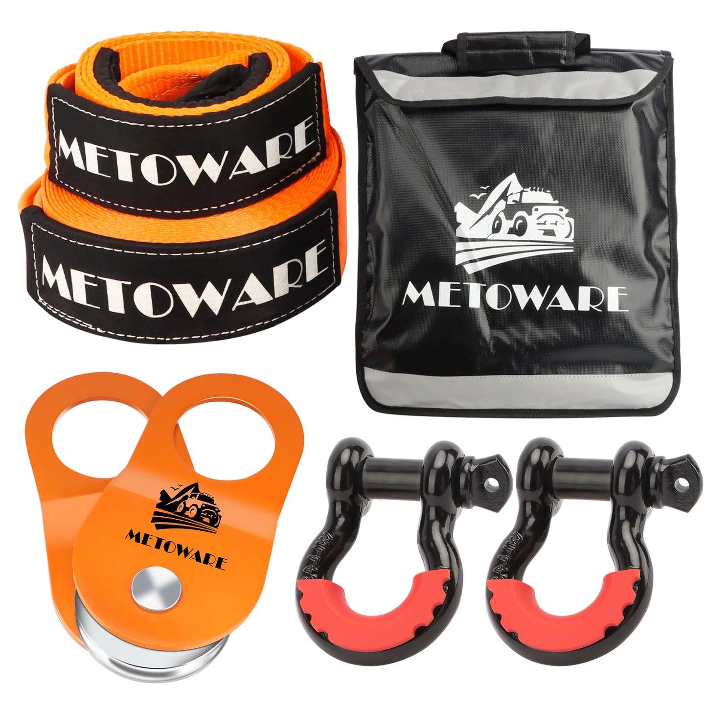METOWARE Offroad Recovery Kit - 3" x8' Tree Saver, 3" x20' Tow Strap, 10 Ton Heavy Duty Snatch Block Pulley, 2pk 3/4" D Ring Shackles and Winch Line Dampener Bag