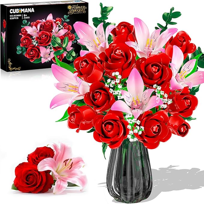 Rose Flower Bouquet Building Set with LED - Red Rose Botanical Collection Building Block Set for Adults Pink Lilies Artificial Plant for Home Decor Easter Gifts for Her Women Girls