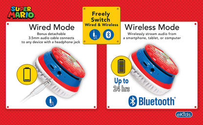 Super Mario Wireless Bluetooth Portable Kids Headphones with Microphone, Volume Reduced to Protect Hearing Rechargeable Battery, Adjustable Kids Headband for School Home or Travel