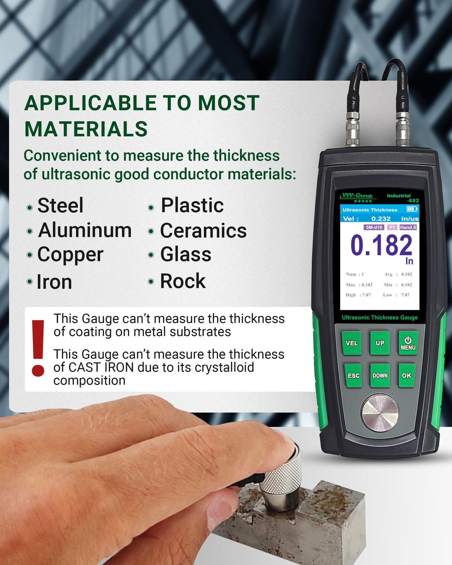 Ultrasonic Thickness Gauge Industrial-882 – Metal Thickness Tester for Steel, Pipes and Industrial Materials, 0.039–8.858 in (1–225 mm) Range, Color LCD, Auto Calibration, Handheld Thickness Tester