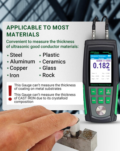 Ultrasonic Thickness Gauge Industrial-882 – Metal Thickness Tester for Steel, Pipes and Industrial Materials, 0.039–8.858 in (1–225 mm) Range, Color LCD, Auto Calibration, Handheld Thickness Tester