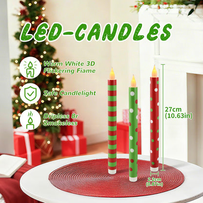 Sariiraw 6 Pcs 10.6 Inch Battery Operated Flameless Taper Candles - LED Candlesticks with Remote & Timer for Christmas, Winter Holiday & Party Table Decor