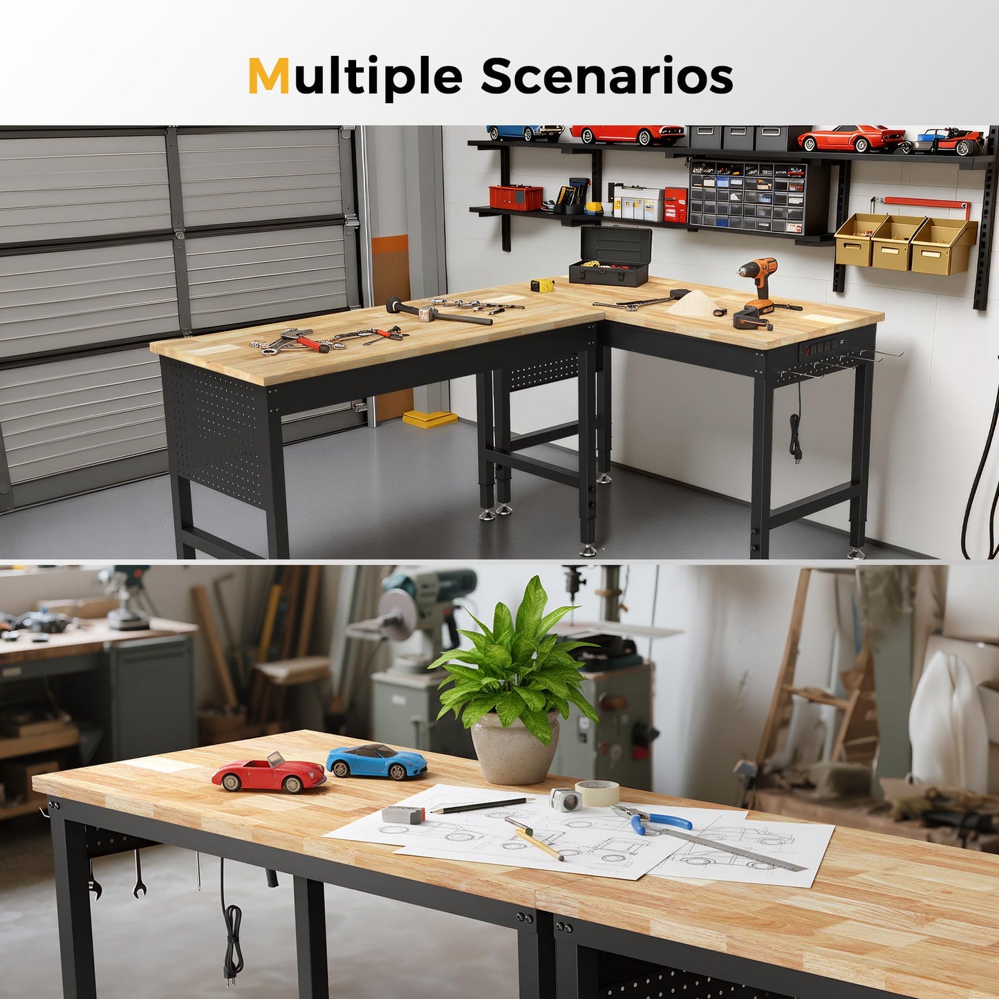 CAMMOO 47.64" Adjustable Heavy Duty Workbench, 2000 LBS Load Capacity Rubber Wood Work Table with Pegboard, Power Outlets, Work Bench for Garage, Workshop, Office, Home, Commercial