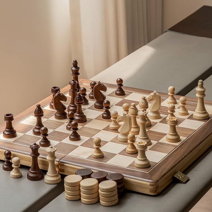 A&ampA 15 Magnetic Wooden Chess Set/Folding Board / 3 King Height German Knight Staunton Chess Pieces/Mahogany &amp Maple Inlaid /2 Extra Queen
