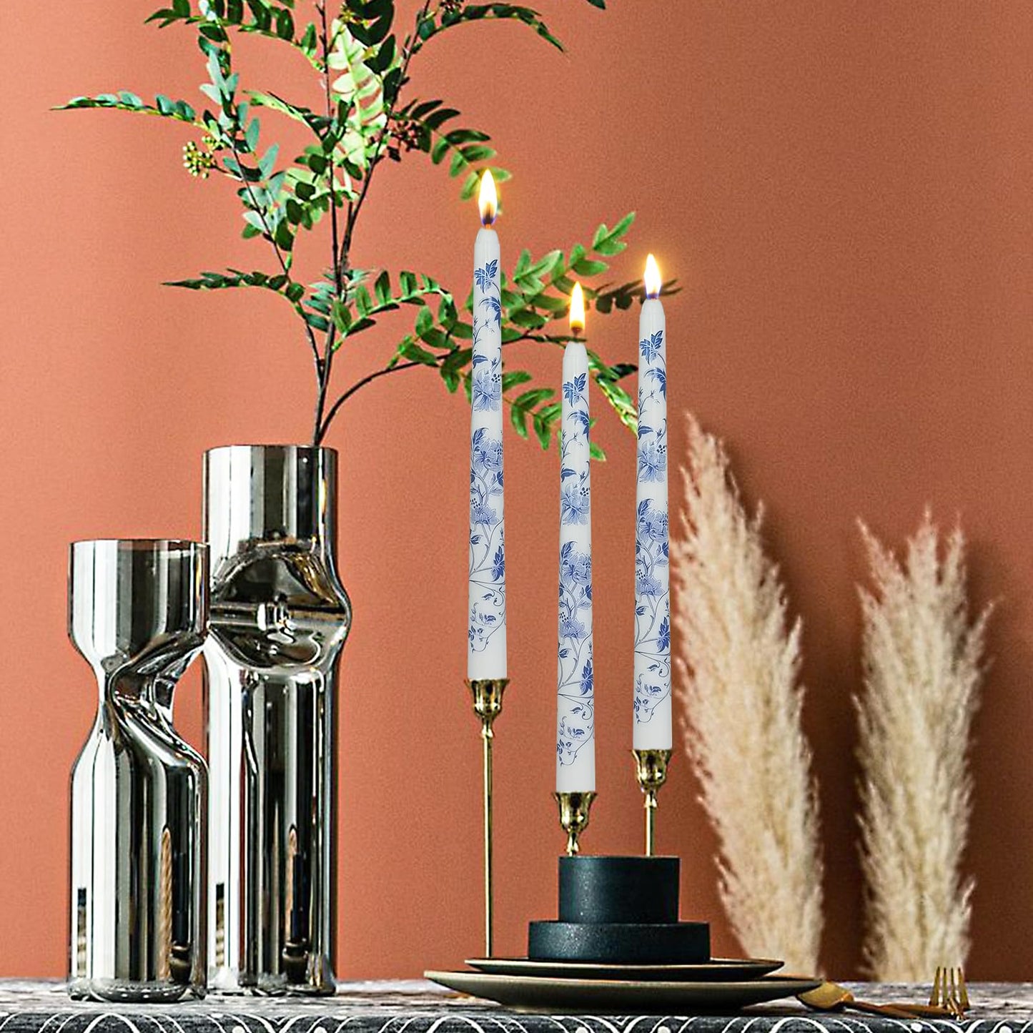 Blue and White Porcelain Taper Candles 10 inch - 2 Pack Chinoiserie Taper Candles Lotus Pattern Printed Smokeless, Unscented Perfect for Home Decor, Weddings, and Special Occasions