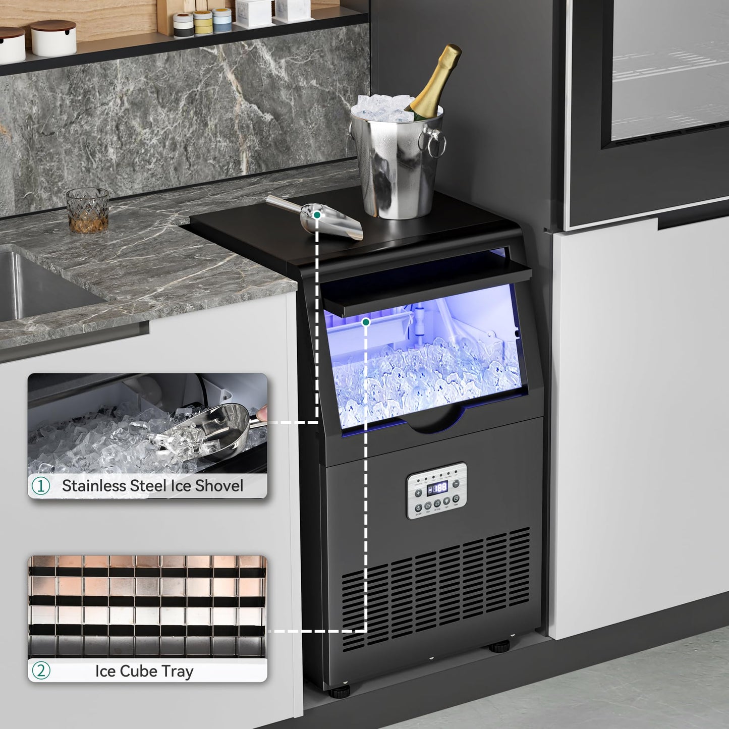 YITAHOME 130lbs Black Ice Maker Machine, Commercial Under Counter Ice Maker, ETL & DOE Certificated Commercial Large Ice Makers Freestanding for Home Cafe Bar Restaurant 44pcs with 17lbs Storage Bin