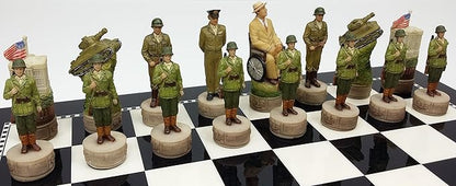 HPL World War 2 US vs Germany Chess Set Hand Painted W/High Gloss Black &amp White Board WW2
