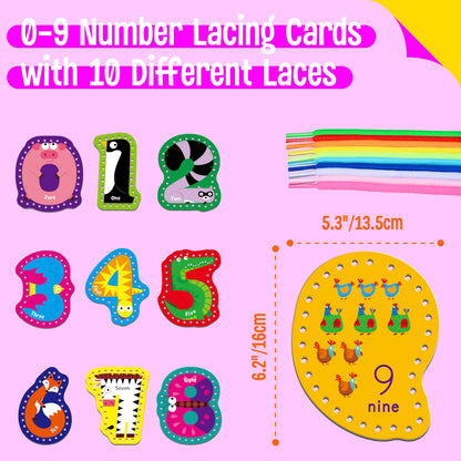 SpriteGru 10 Pieces Number Lacing Cards, 0-9 Double Sided Sewing Cards with 10 Colorful Laces, Imagination Development Lacing Toys Games for Children Educational and Learning Activity