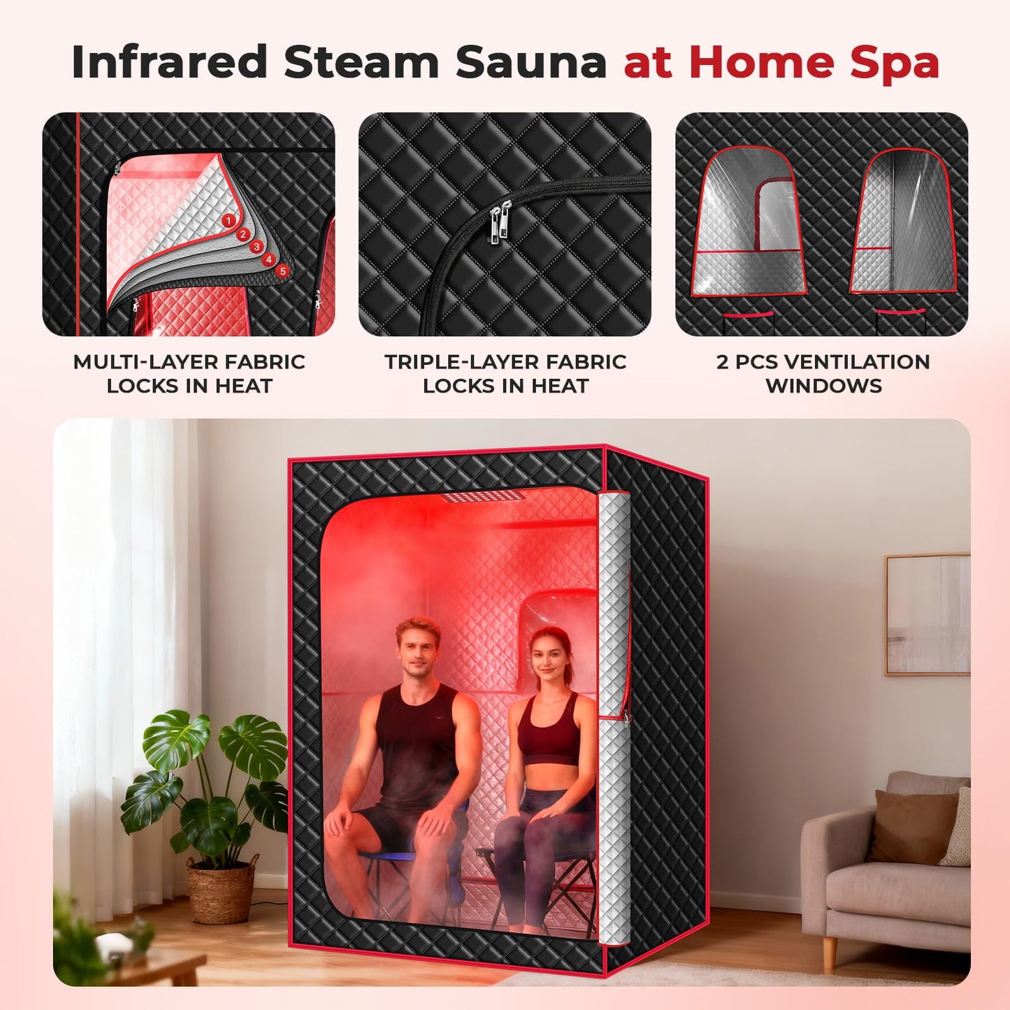 Morfone 2 Person Portable Infrared Steam Sauna with 660nm Red Light Therapy Lamp & 2 Steamers 2 Folding Chairs, Full Body Sauna Spa Tent at Home for Relaxation, 71"x 49"x 36",Black