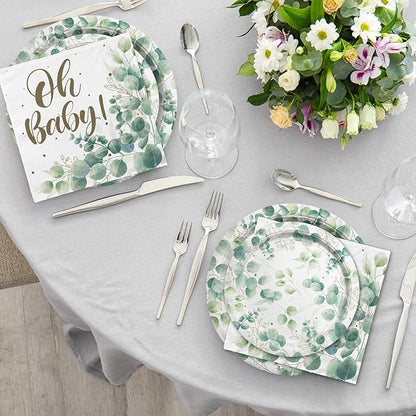 Sage Greenery Baby Shower Party Supplies Disposable Paper Plates Napkins Cups and Tablecloth for Boho Greency Party Decorations Serve 25.