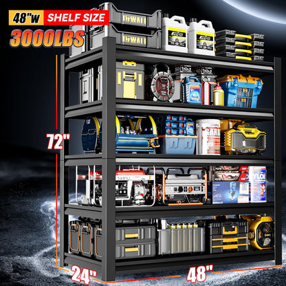 Welfiya 72" H Garage Shelving,5-Tier Heavy Duty Shelving Unit,3000LBS Adjustable Metal Storage Shelves,Storage Rack Units for Industrie,Shed,Warehouse,Basement,Black,47.3" W x 23.6" D x 72" H