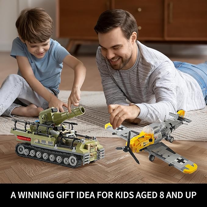 WW2 Military Toys Building Sets Compatible with Lego Create a BF109 Plane Fighter Jet &amp a Karl Giant Mortar Tank Great WWII Army Airplane Toy for Boys and Kids Age 8-12