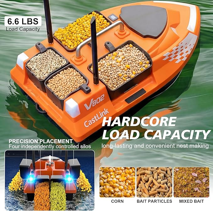 RC Bait Boat with Line Drop for Adult Cruise Control 4 Bait Slot 6.6LBS Loading 12000mAh Battery and Dual Motors 1640FT Range Remote Control Fish with LED Light Hook Release &amp Backpack(Orange
