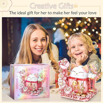Lucky Cat Building Block Set Compatible with Lego Cat 868Pcs Cute Fortune Cat with Flowers Building Blocks Christmas Birthday Creative Gift for Girls Boys Adult (Pink Cat)
