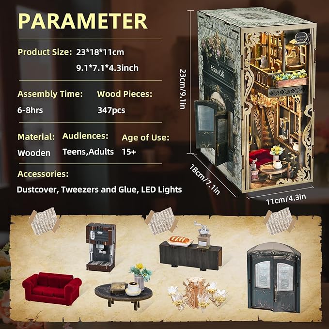 Book Nook Kit DIY Miniature Dollhouse Book Nook Kit with Dust Cover and LED Light (Saisons Café)