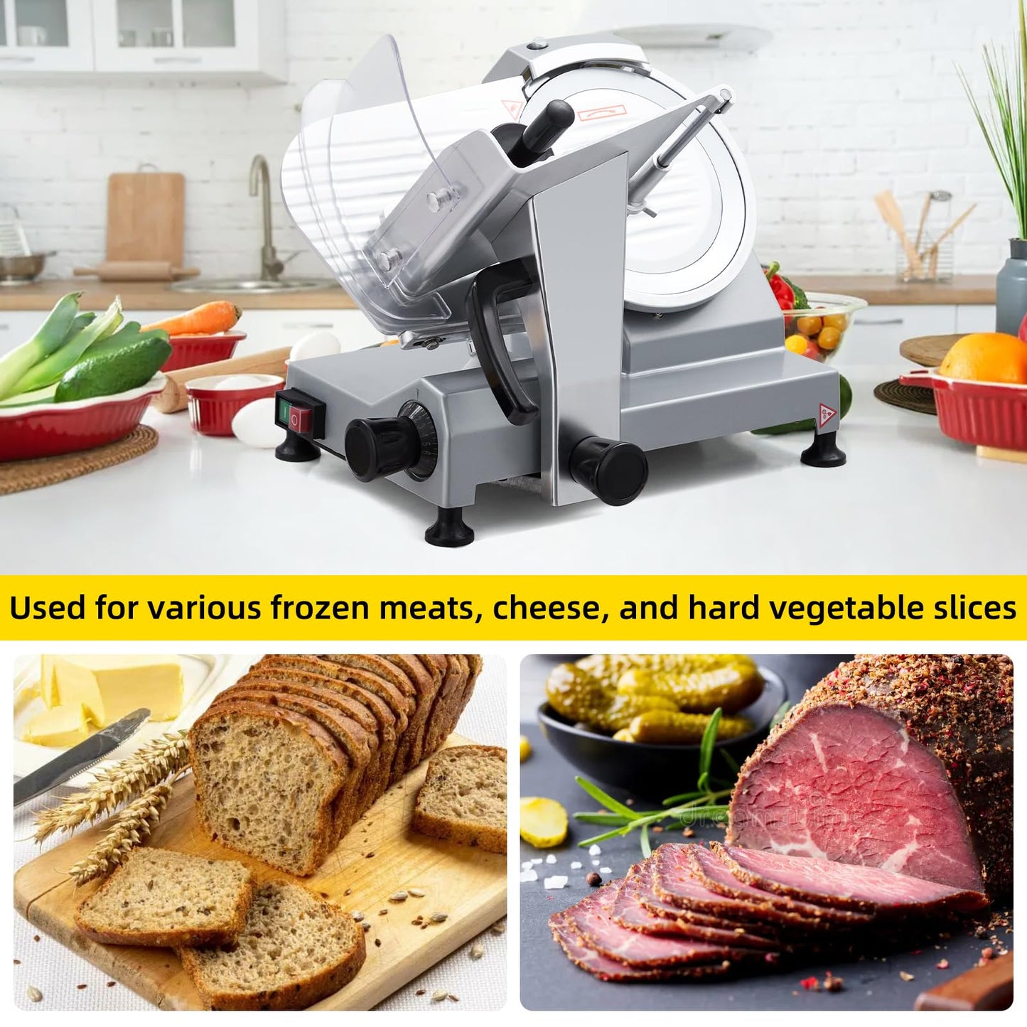 10-Inch Fully-Automatic Commercial Meat Slicer,Meat Slicer Machine for Home Kitchen,240W Dual Motor,Stainless Steel,0-12mm Adjustable Thickness,Electric Deli Food Slicer for Home & Commercial Use