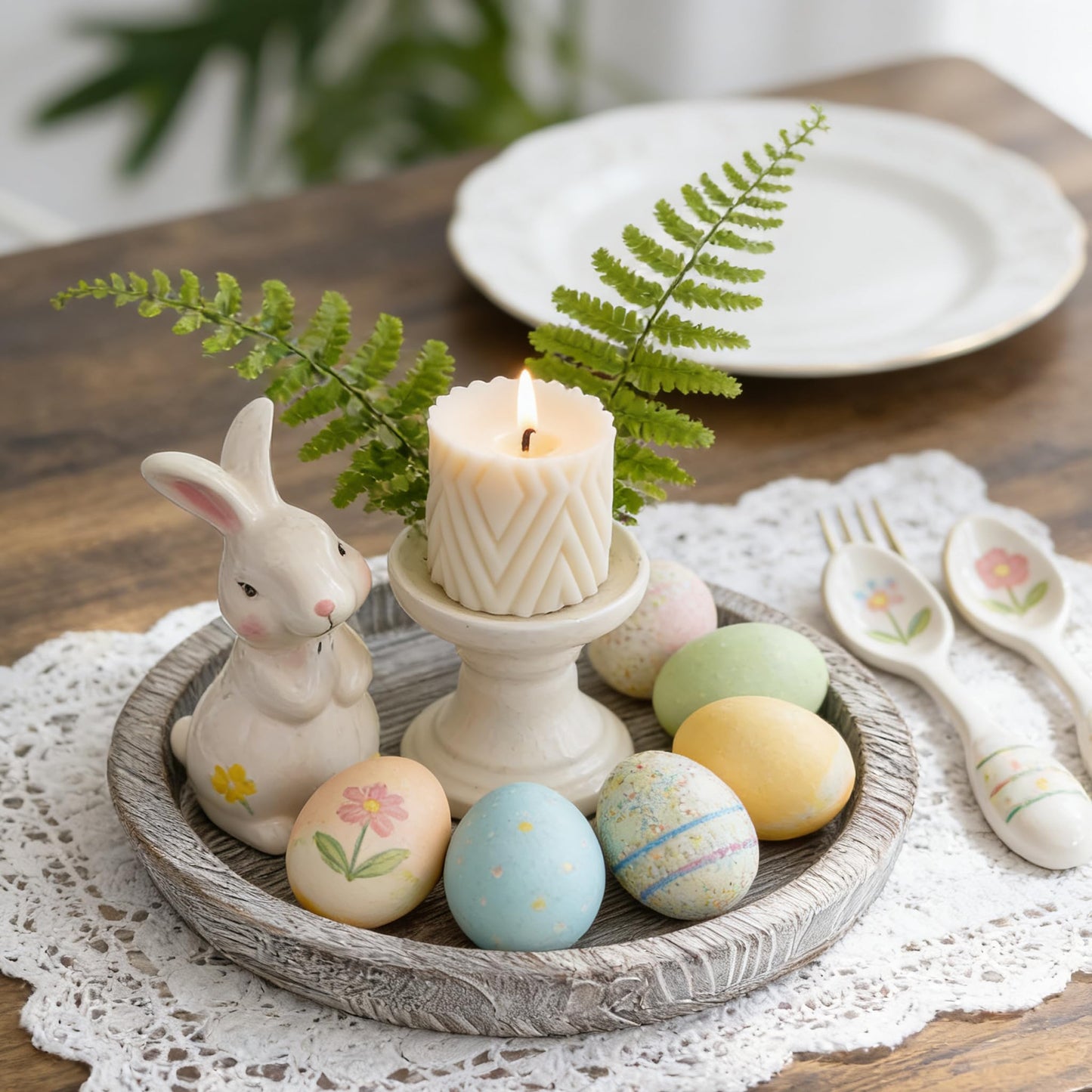 Hanobe Candle Plate Holder Tray: Round Wood Decorative Candle Plate - Rustic Farmhouse CoffeeTable Decor - Tealight Pillar Trays for Home Decor (Whitewash)