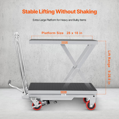 VEVOR Hydraulic Lift Table Cart, 500 lbs Load Capacity, 28.5-Inch Lifting Height, Manual Single Scissor Lift Table with 4 Wheels and Non-Slip Pad, Gray, Alloy Steel