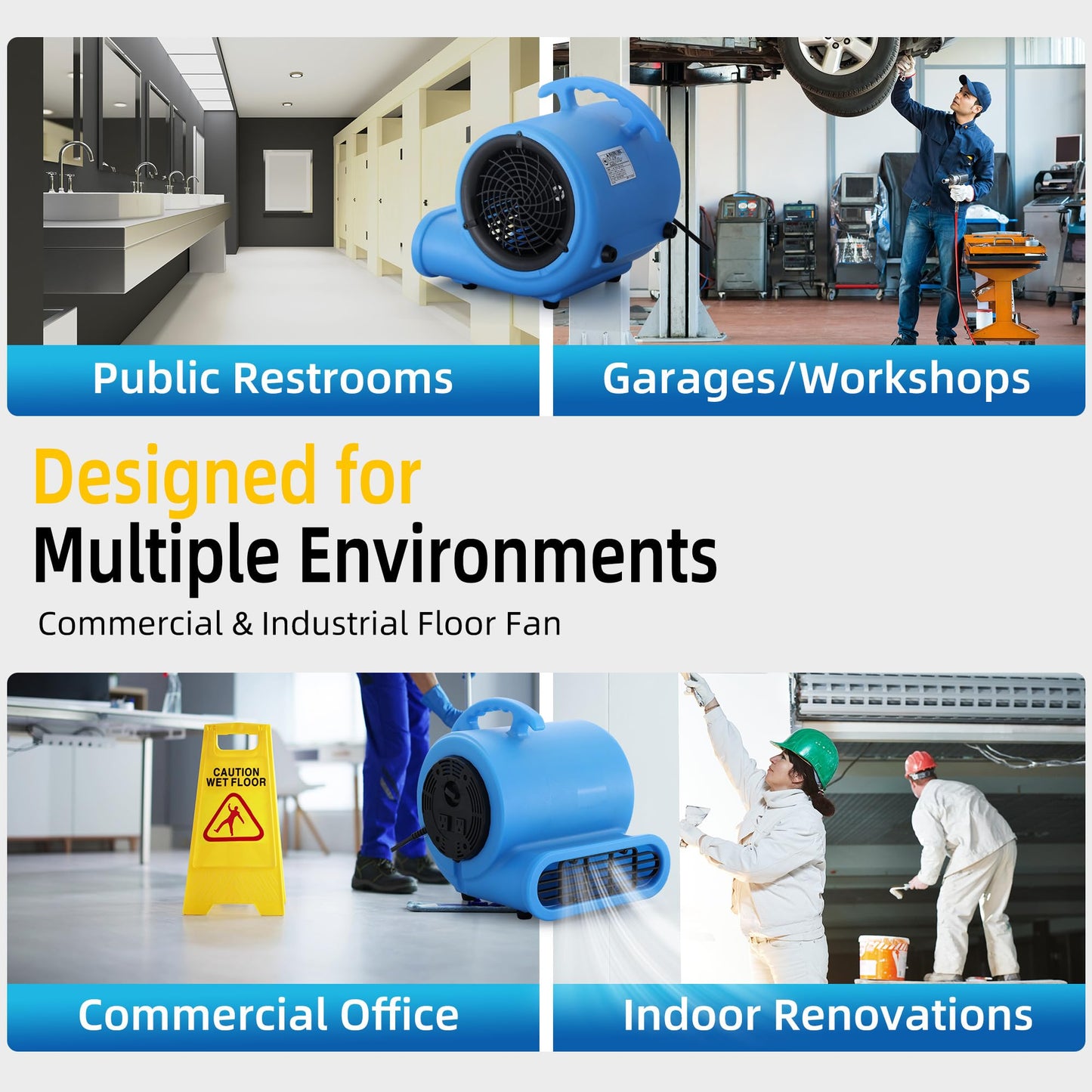 RYNSTO Commercial 1/2 HP Air Mover Fan for Water Damage Restoration,2800 CFM Industrial Carpet Dryer, Floor Fans,3-Speed Floor Fan with Daisy Chain