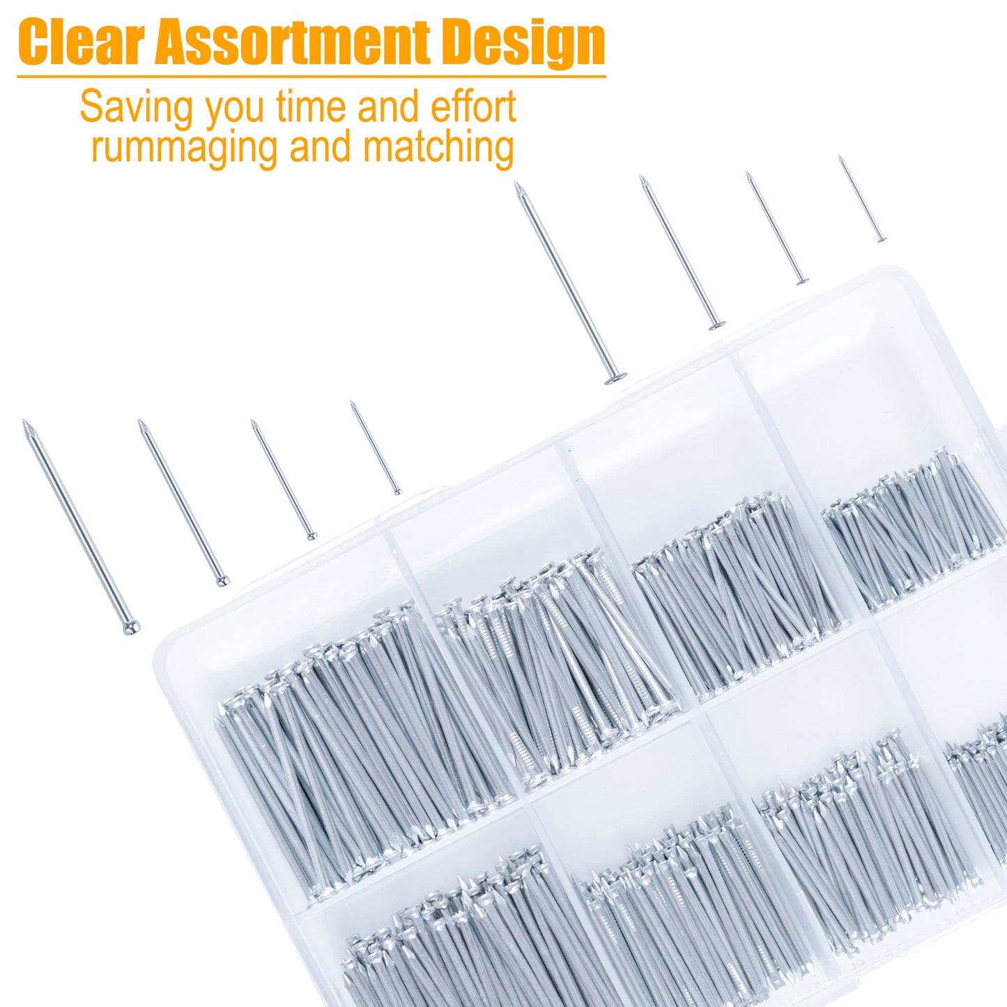 KURUI 700PCs Small Nails for Hanging Pictures & 8oz Small Hammer, Mini Hammer for Hanging Wall Decor, 280 Roofing/Wall Nails & 280 Finishing Nail, Picture Hangers Assortment Kit