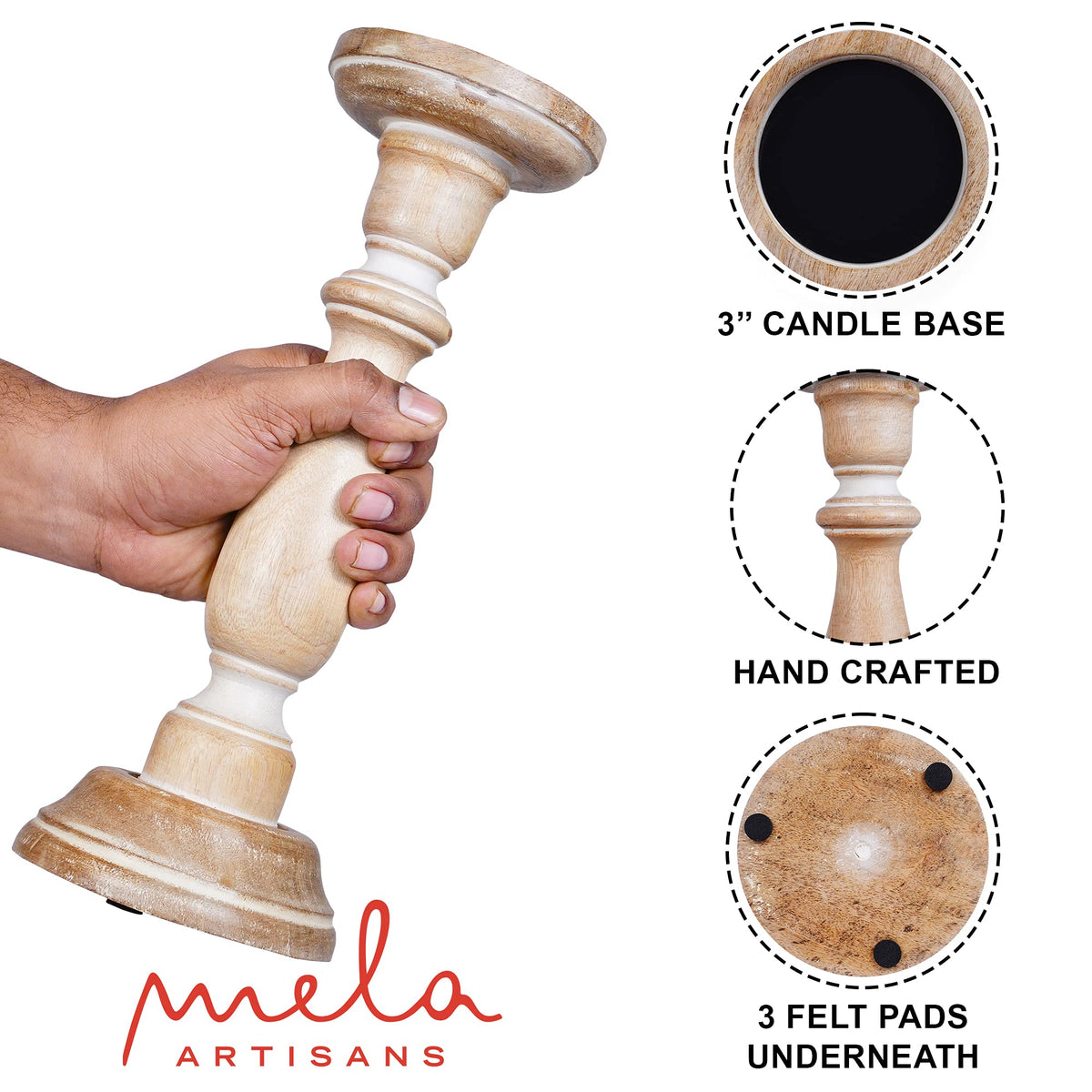 Mela Artisans 6”, 9” & 12” Mango Wood Pillar Candle Holder Set of 3 – Tuli Design Whitewashed – Wooden Candle Holders for Table, Mantel & Living Room Décor