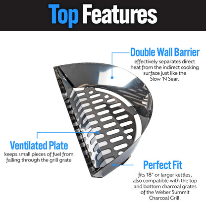 SnS Grills Slow ‘N Sear Charcoal Inserts for Low ‘N Slow & High-Heat Cooking - Patented Stainless Steel Accessories for Kettle Grills - Charcoal Basket 18"