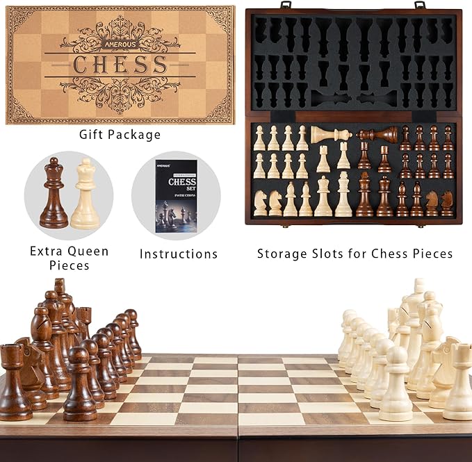 AMEROUS 17'' Magnetic Wooden Chess Set for Adults Kids - with Folding Board Gift Package Pieces Storage Slots Handmade PiecesChess Board Game Set for Tournament Professional Beginner