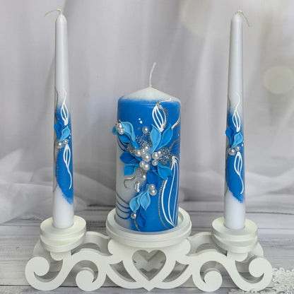 Magik Life Unity Candle Set - Wedding Ceremony & Reception – 6” Pillar & Two 10” Taper Candles – Long Burning Unity Candles for Marriage Ritual – Handmade in USA –White | Royal Blue