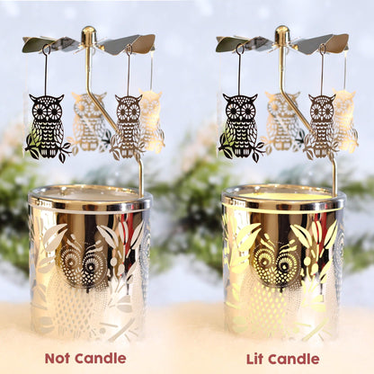 iLajao Candle Carousel Rotary Candle Holder Christmas Carousel Spinning Tealight Candleholder Christmas Decoration Centerpieces for Tables Valentine Easter (Owl)