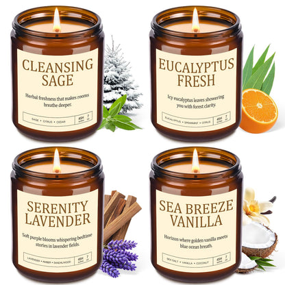 4 Pack Scented Candles for Home Scented: Soy Candles for Women, Up to 200H Burning Aromatherapy Candle Set, Jar Candle Gift Set for Birthday Valentine's Day, Scents of Sage/Vanilla/Lavender/Eucalyptus