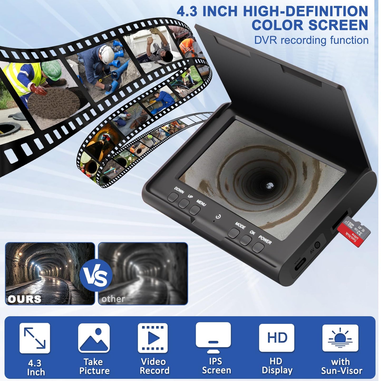 Sewer Camera w/DVR Function, 4.3" HD 1080P Screen Pipeline Inspection Camera, IP68 Waterproof Pipe Plumbing Snake Cam with 32GB Card, for Sewer Line, Home, Duct Drain Pipe Plumbing (50M/165FT)